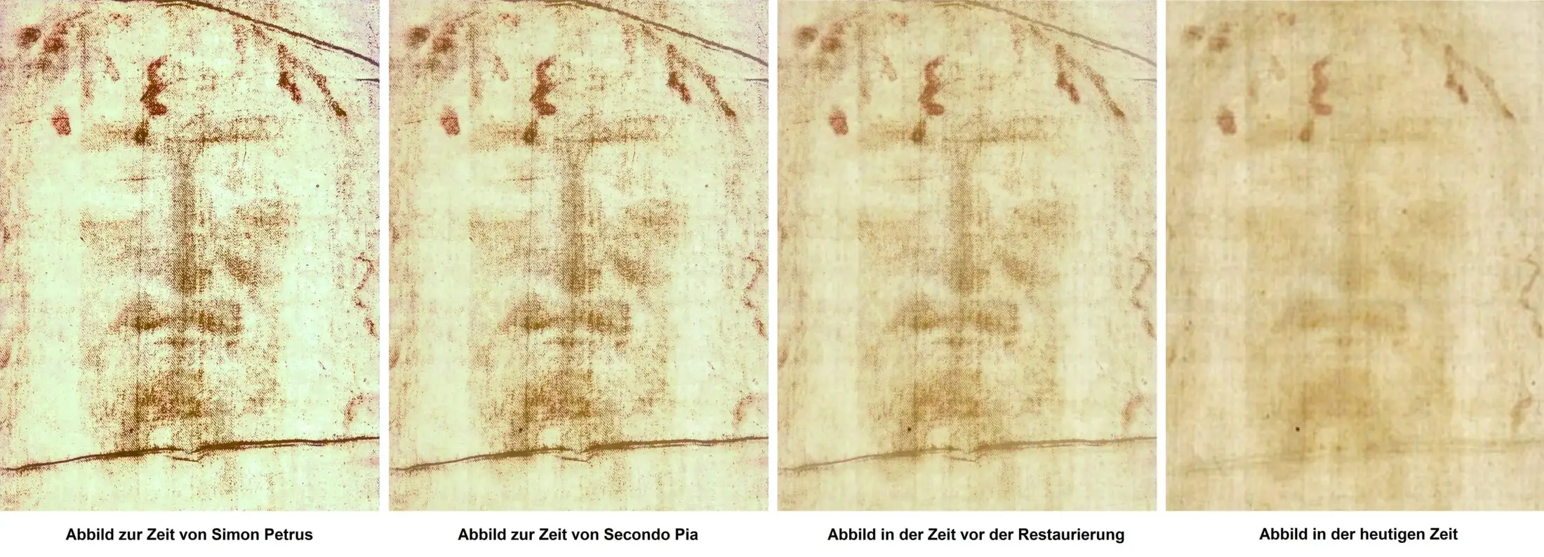 Four views of the face in a row: Pia’s 1898 negative, Enrie’s 1931 negative, a 1978 colour photograph, and the 2002 photograph.