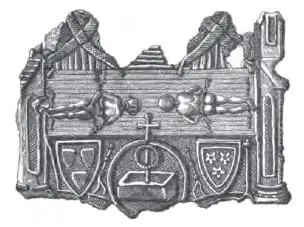 An 1865 drawing of the Lirey pilgrim badge: two clerics holding up the cloth with its double image above two shields.