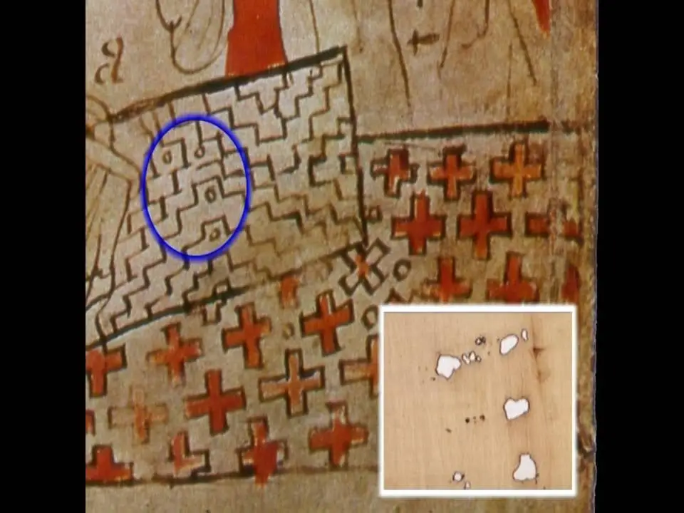 A detail of the Pray Codex beside a detail of the Shroud, comparing a pattern of small circles with the burn holes.