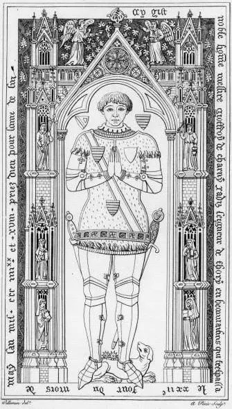 A brass tomb effigy of a knight in armour, Geoffroi II de Charny.
